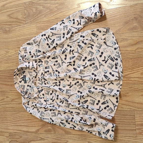 Karl Lagerfeld Paris Eiffel Tower Blouse pink button-down roll-tab sleeve size L - Picture 1 of 6